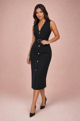 Black V-Neck Belted Dress