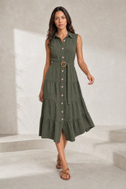Robe vert militaire col chemise ceinturée | Lounelle Paris