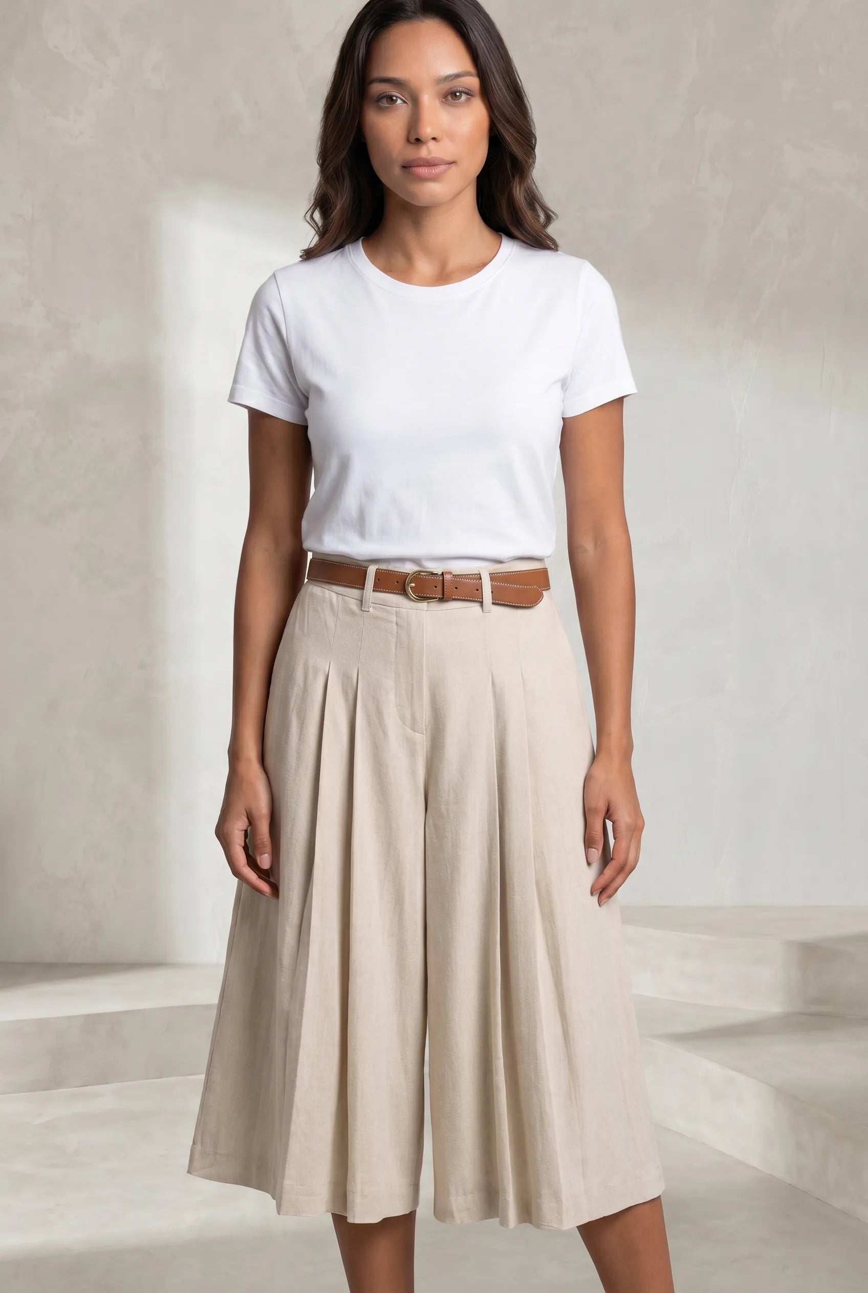 Short beige taille haute ceinturé | Lounelle Paris