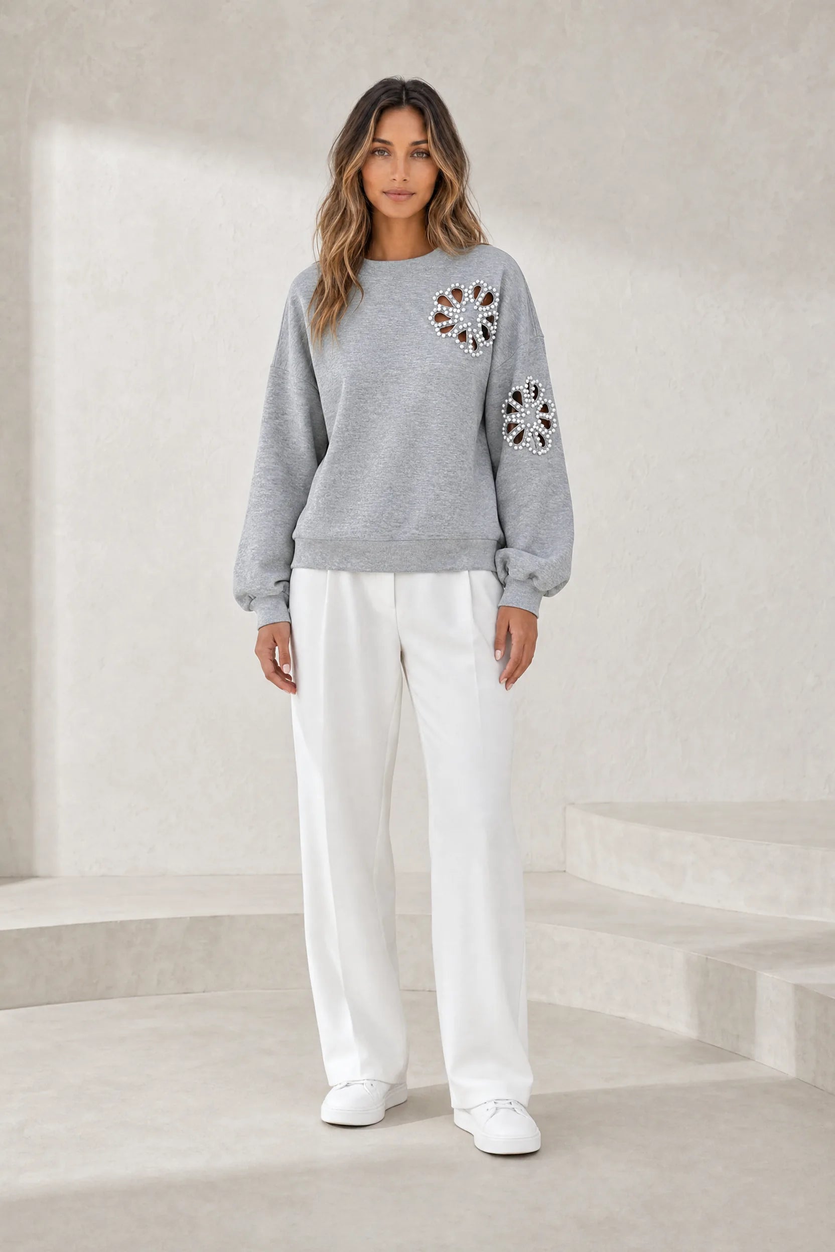 Sweat gris ajouré à perles | Lounelle Paris