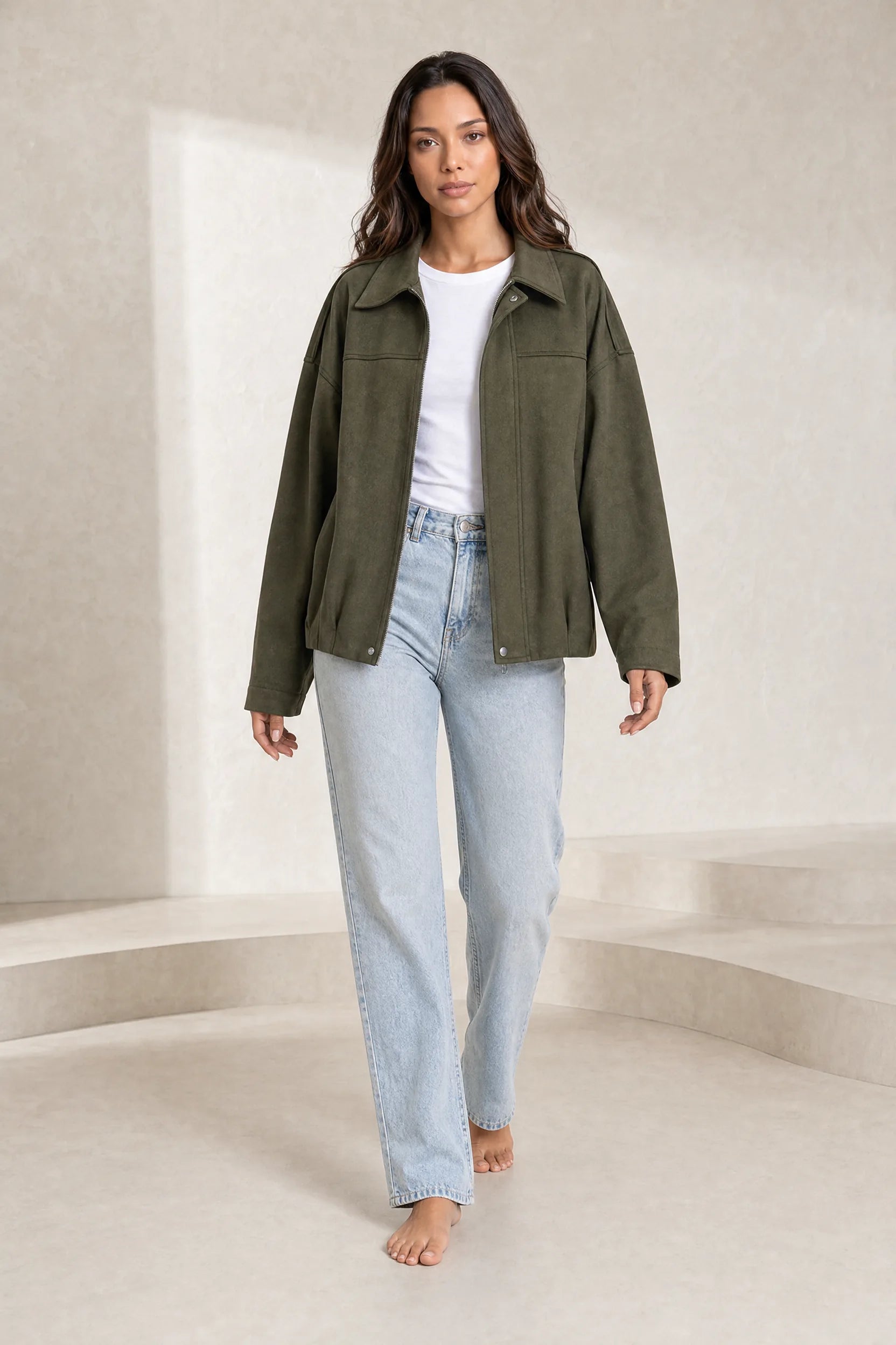 Veste ample vert armée col chemise | Lounelle Paris