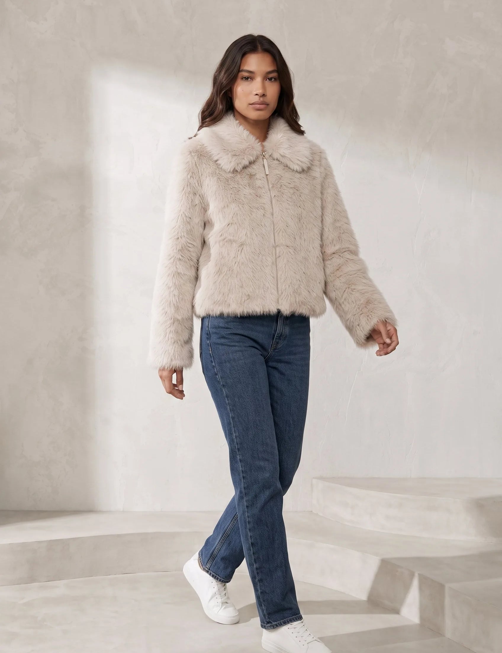 Veste beige effet fourrure col polo | Lounelle Paris