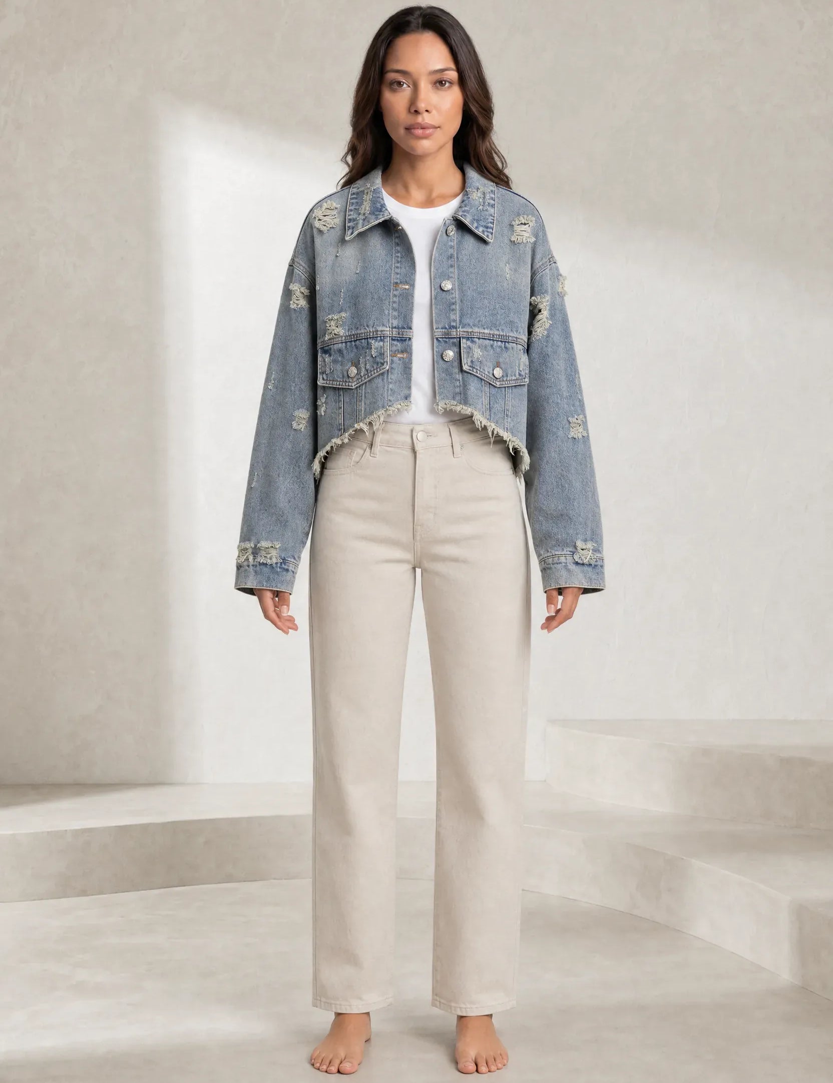 Veste en jean bleu délavé courte | Lounelle Paris